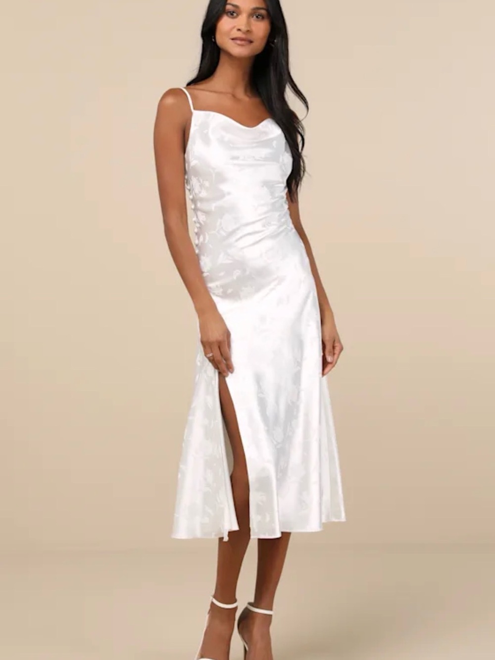 Lulu's White Satin Cowl Midi Slip Dress with Side Slit